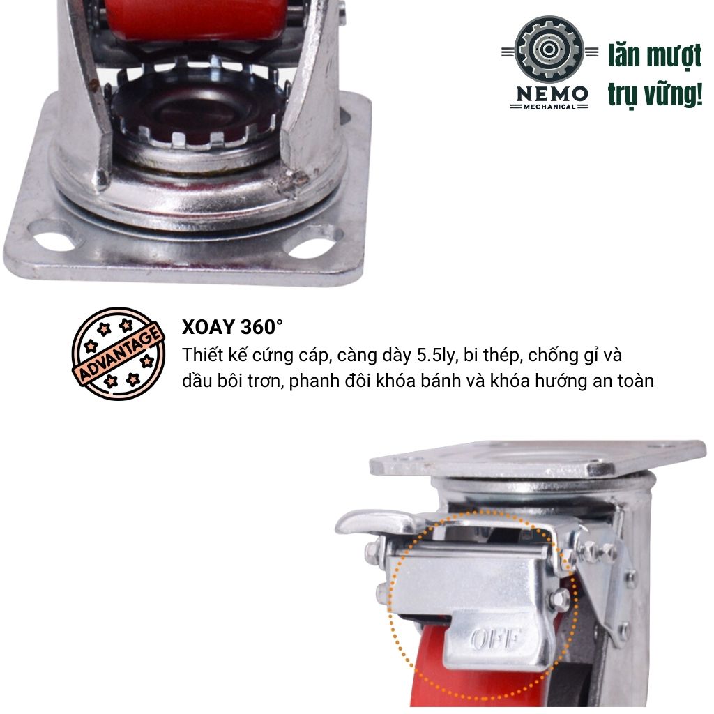 Bánh Xe PU Lõi Sắt Tải Nặng – Khung Càng Thép 5.5mm (D100, D125, D150, D200)